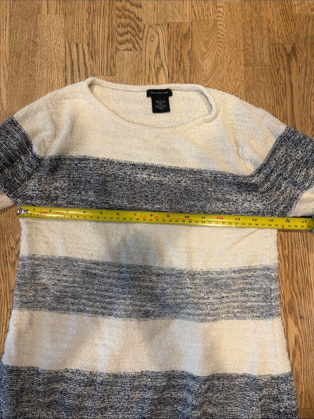 Calvin Klein Jeans Cream and Navy Striped Crew Neck Sweater - Picture 7 of 10